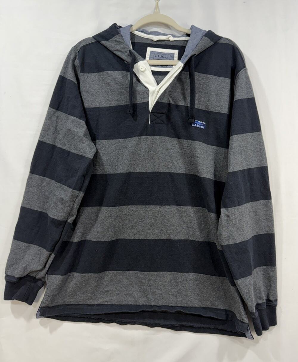 LL Bean Sweater Men Medium Gray Pullover Striped Hoodie Sweatshirt Logo Henley